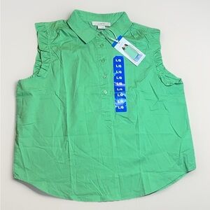 NWT LOFT Sleeveless Lyocell Cotton Flutter Green Button Down Blouse